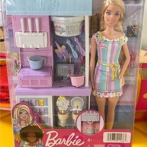 Barbie in Striped Dress with Pastel Kitchen Set